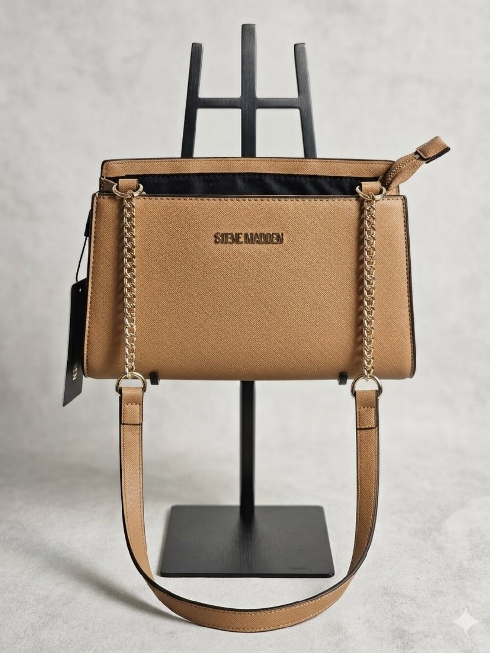 Steve Madden Crossbody/Shoulder Bag Tan Faux Saffiano Leather Chain/Leather Stra
